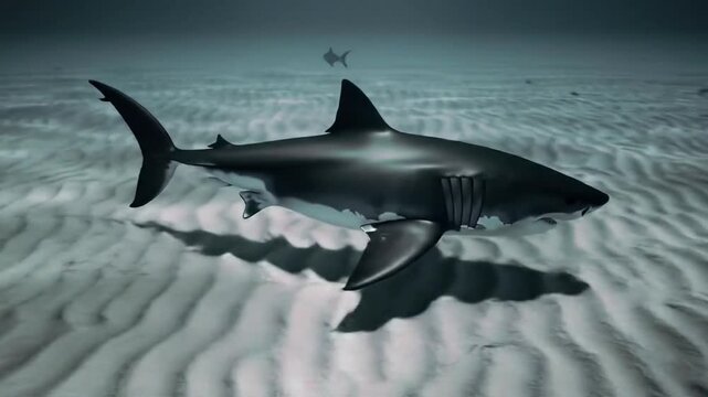 Escena submarina captura la elegancia de un tibur&oacute;n solitario desliz&aacute;ndose sin esfuerzo sobre un ondulado fondo arenoso, proyectando su n&iacute;tida silueta