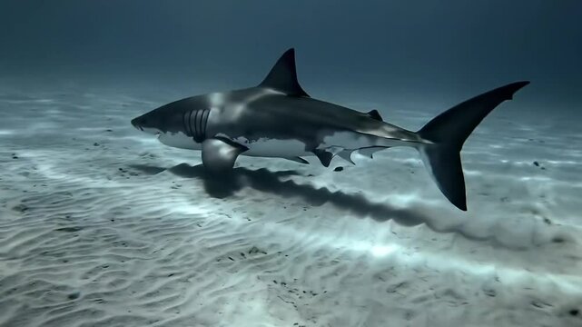 Escena submarina captura la elegancia de un tibur&oacute;n solitario desliz&aacute;ndose sin esfuerzo sobre un ondulado fondo arenoso, proyectando su n&iacute;tida silueta