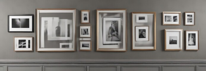 Gallery wall mockup; various sized frames, textured wall ,  arrangement,  black frames