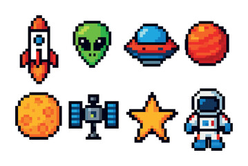 Fototapeta premium Space adventure icons set – pixel art, alien, astronaut and cosmic symbols