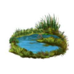 Blue pond, bushes, fern, flowers, grass. Colored landscape elements hand drawn for architectural sketches, magazines, banners, greeting cards, menu. Garden objects and plants in color illustration