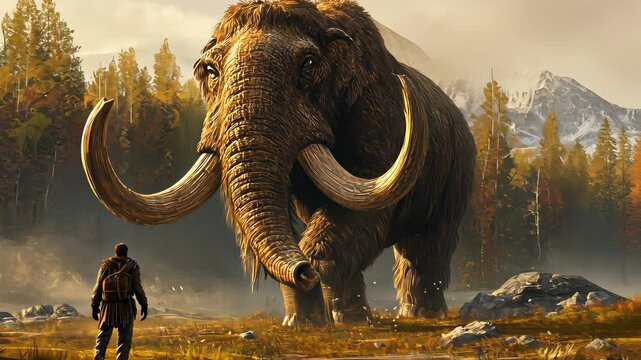 Lone explorer encounters colossal woolly mammoth in prehistoric wilderness, dramatic landscape, digital painting, ancient world, fantasy art.