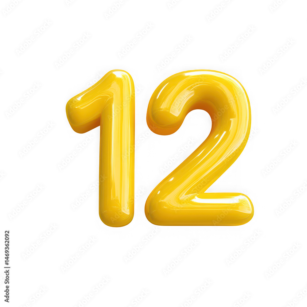 Poster a glossy yellow number twelve floating against a stark black background in a digital rendering style