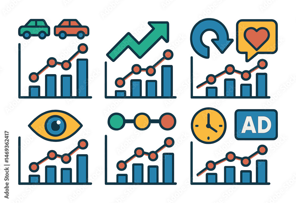 Poster data analysis outline icons set – chart, graph, statistics and analytics symbols