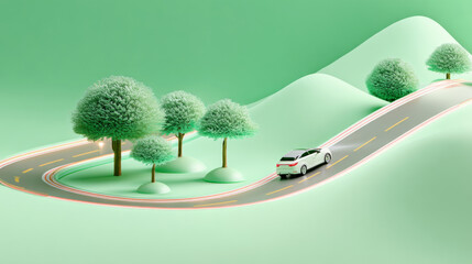a car on the road, roadside is decorated with small trees, a light green gradient background