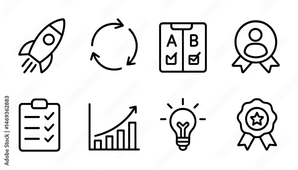 Poster project management outline icons set – tasks, efficiency, workflow symbols