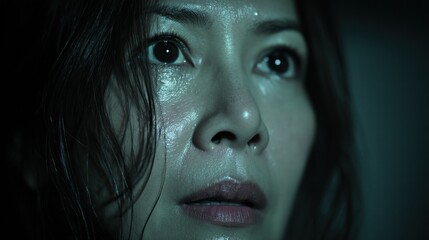 Woman's glistening face; emotional intensity in her eyes