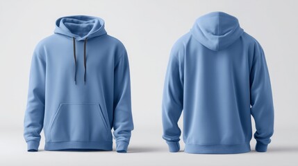 Front and Back View of Light Blue Hoodie on Plain Background
