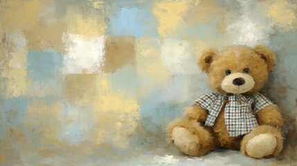 Painterly Portrait of a Brown Teddy Bear in Plaid Shirt Against a Textured Pastel Background