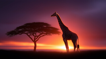 Fototapeta premium Giraffe vor Akazienbaum bei Sonnenuntergang in afrikanischer Savanne