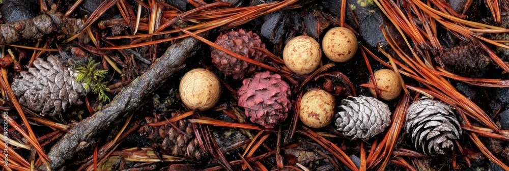 Poster exploring the intricate details of a forest floor covered with pine needles, cones and various fungi