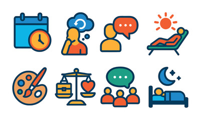 Time management flat icons set – planning, schedule, productivity symbols