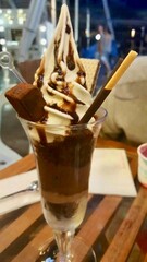 ice cream in a glass, Vanilla Chocolate Sundae, hot chocolate Chocolate Fudge, brownie cake, waffle stick