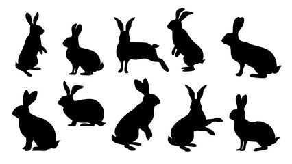 set of rabbits silhouette vector on tranparent background