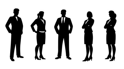 Vector silhouettes of men and a women, a group of standing business people.
