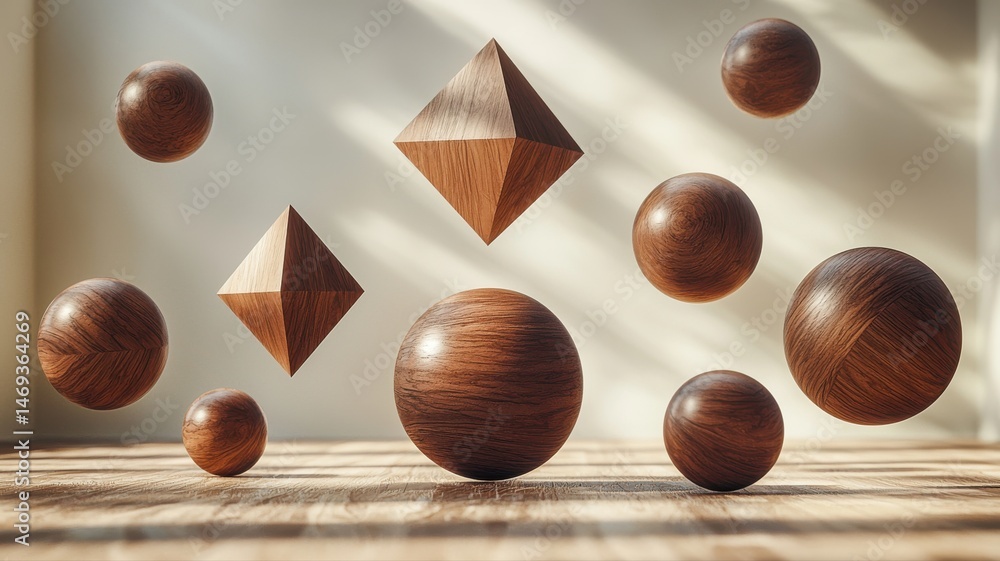 Poster minimalist scene with floating wooden geometric shapes and shadows wooden floating abstract minimal