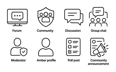 Online community outline icons set – discussion, forum, chat symbols for moderators