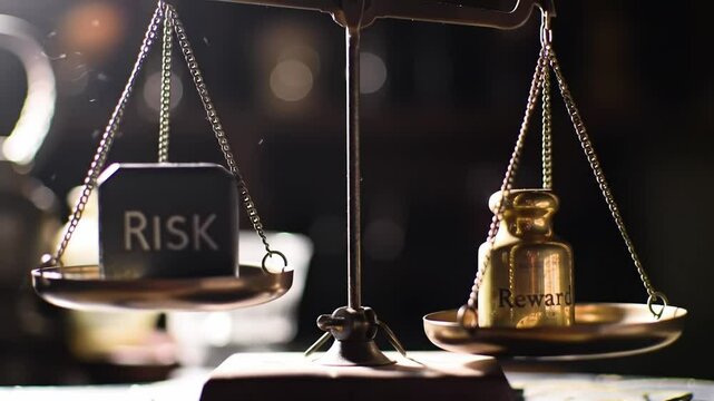 A close-up view of a scale balancing a block labeled risk against a golden weight labeled reward. This reflects the importance of weighing choices carefully in difficult situations.