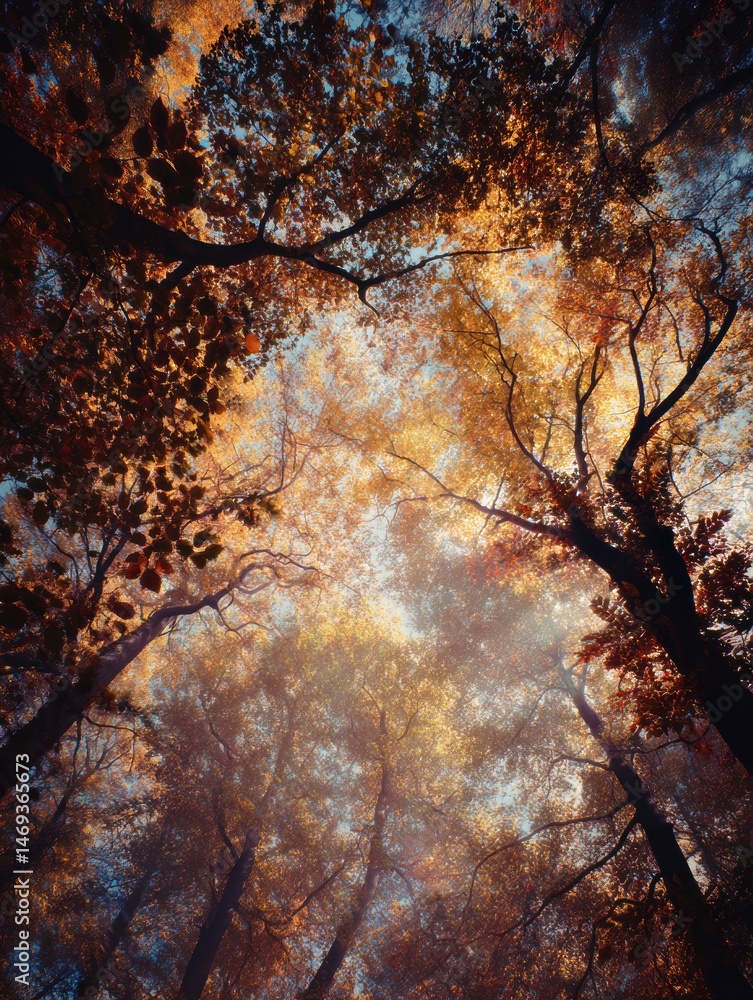 Poster colors of autumn light filtering through tall trees in a vibrant forest canopy during a warm day gen