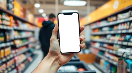 Grocery shopping app mockup; blank screen phone held in a supermarket aisle