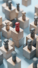 Red figure atop wooden cube, surrounded by gray figures on similar cubes, suggesting leadership, prominence, or individuality