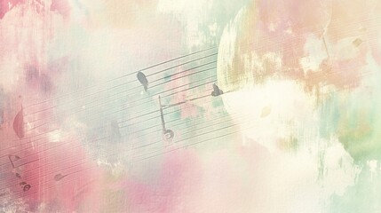 Naklejka premium A soothing background of pastel watercolors with faint music notes gently layered over, creating a soft and artistic vibe. Centered view, diffuse light. 