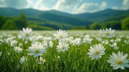 A field of white flowers in a sunlit valley.