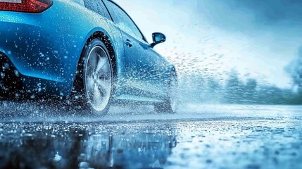 Dynamic motion of a blue car splashing through rain-soaked pavement at high speeds