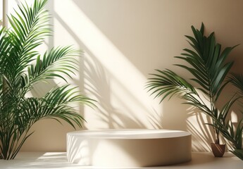 Obraz premium Serene Indoor Space with Tropical Leaves and Natural Light on Minimalist Platform in Soft Neutral Tones