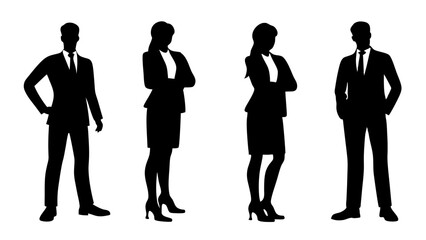 Vector silhouettes of men and a women, a group of standing business people.