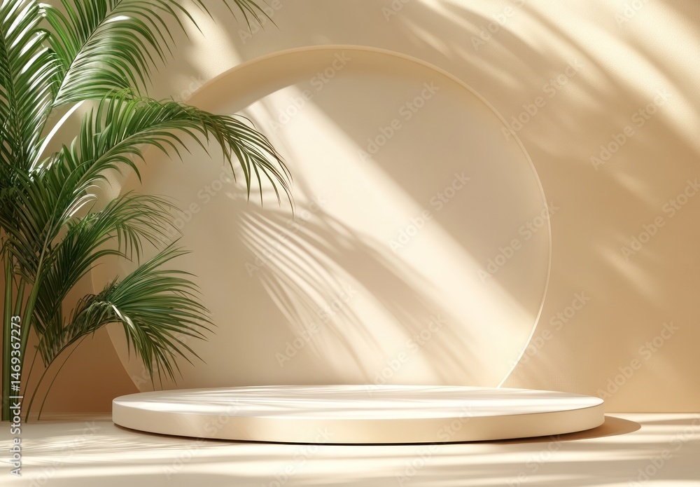 Poster minimalist background with round pedestal and palm leaves in soft natural light creating a serene an