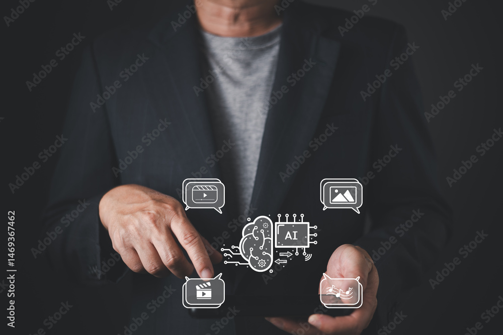 Poster a person in a suit uses a digital tablet with floating icons representing ai, content creation, use,