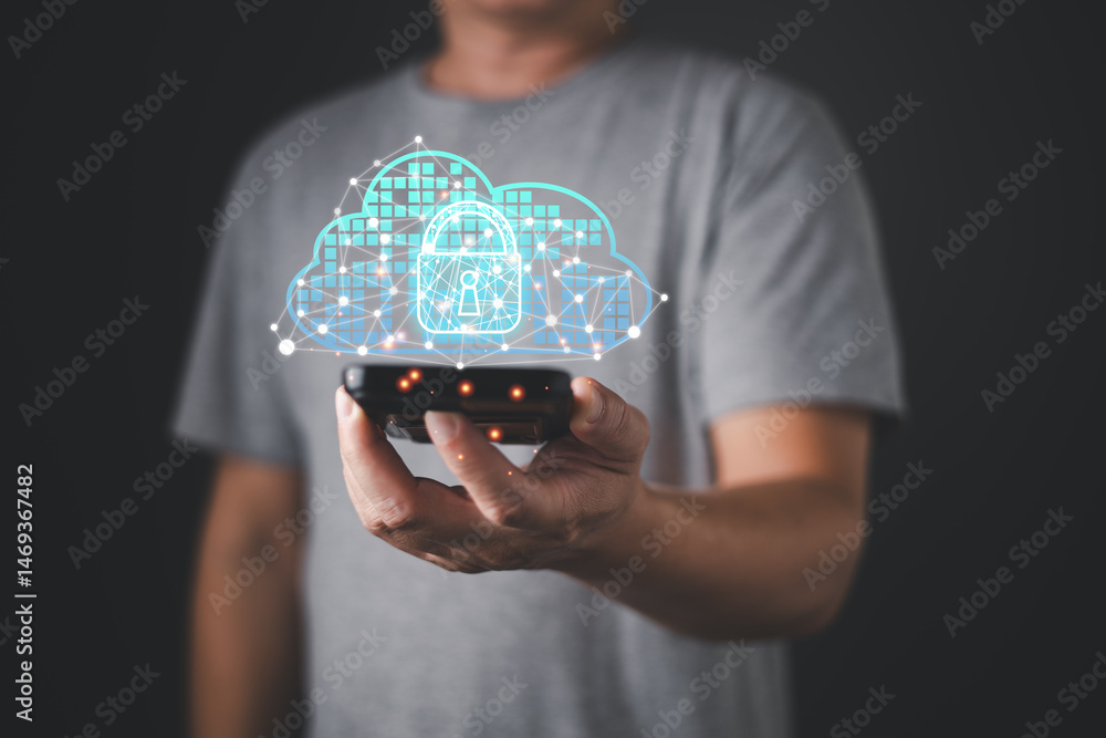 Aufkleber a person in a gray shirt holds a smartphone displaying a glowing cloud with a lock icon, symbolizing