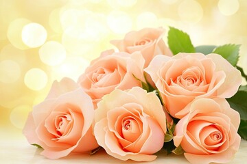 Soft peach roses on a blurred bokeh background