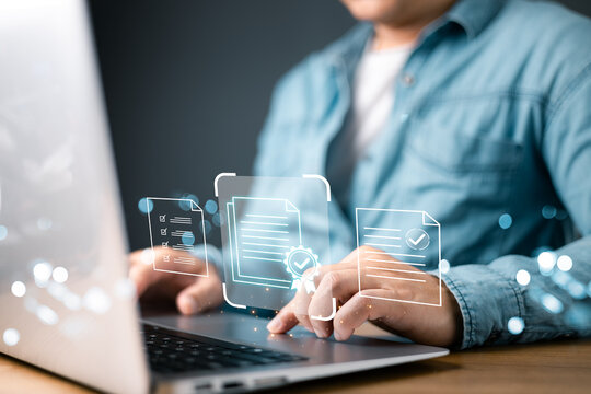person work on a laptop by floating digital documents featuring verification symbols, a certificate badge, and checkmarks, highlighting authenticity, transparency, and digital leader credibility.