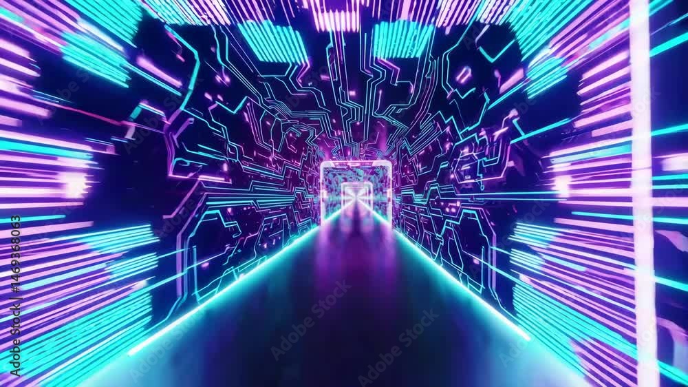 Poster futuristic neon tunnel with dynamic light streaks in highspeed motion