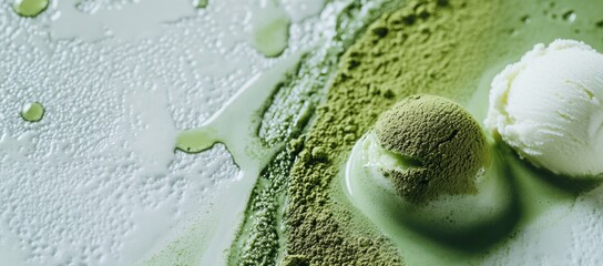 Matcha and Vanilla Ice Creams on a Powdered Surface