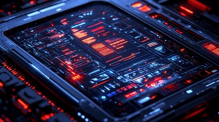 Complex circuitry blueprint with glowing elements for future technologies