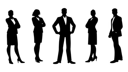 Vector silhouettes of men and a women, a group of standing business people.