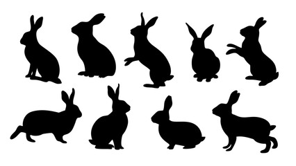set of rabbits silhouette vector on tranparent background