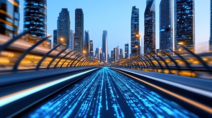 Cyberpunk-style digital road framed by binary skyscrapers, immersive machine learning world