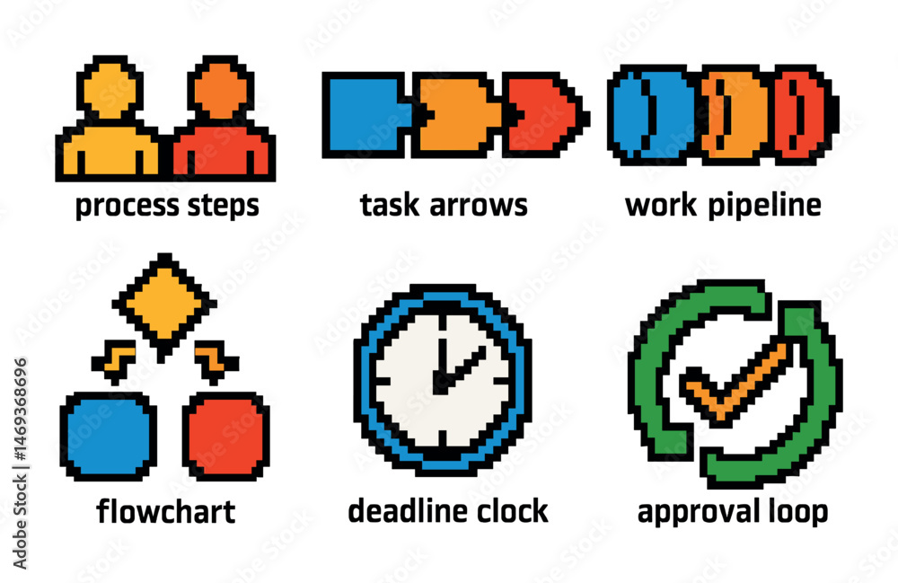 Poster workflow and process pixel art icons set – task, flowchart, productivity symbols