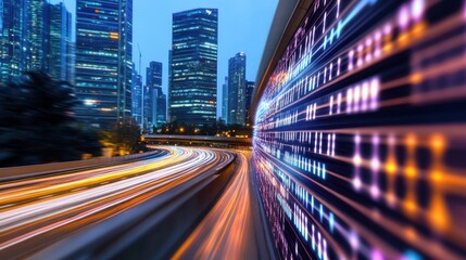 Cyberpunk-style digital road framed by binary skyscrapers, immersive machine learning world