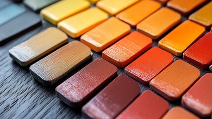 Close-up of colorful wooden blocks with diverse textures and shades on dark wood