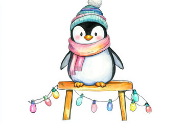 Cute Penguin Christmas Illustration. A cute penguin wearing a hat and scarf sits with Christmas lights, perfect for holiday prints.
