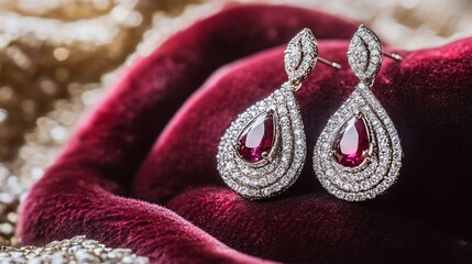 Exquisite ruby earrings sparkling against luxurious velvet background, jewelry art
