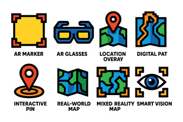 Fototapeta premium Augmented reality flat icons set – location, interactive, digital symbols for mapping