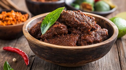 Authentic rendang beef in wooden bowl on rustic wood background close-up