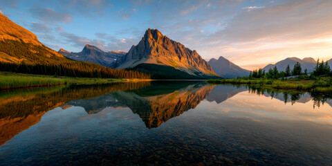 Symmetrical Mountain Reflection in Still Lake