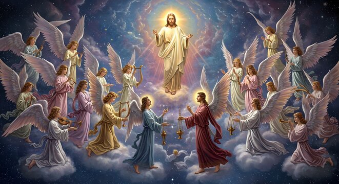 Heavenly Host in Worship This image showcases the beauty and diversity of angelic beings in heaven, engaged in worship and adoration of God, blending art and spirituality to convey the majesty